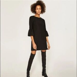 ZARA LBD Bell Sleeve Mini Shift Dress Stretch Ponte Knit Black